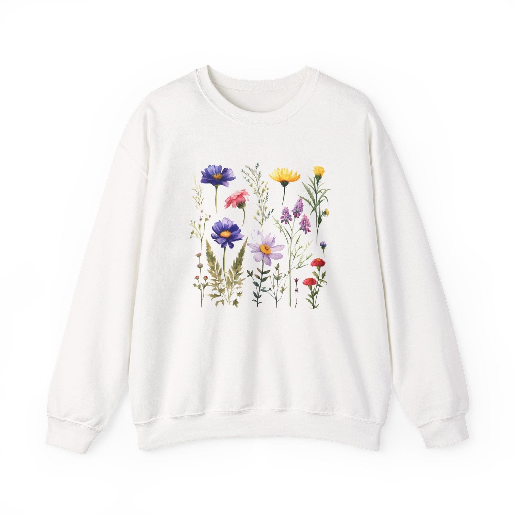 White sweatshirt with colorful floral design on a white background