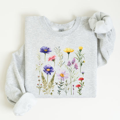 Gray sweatshirt with colorful floral design on a white background