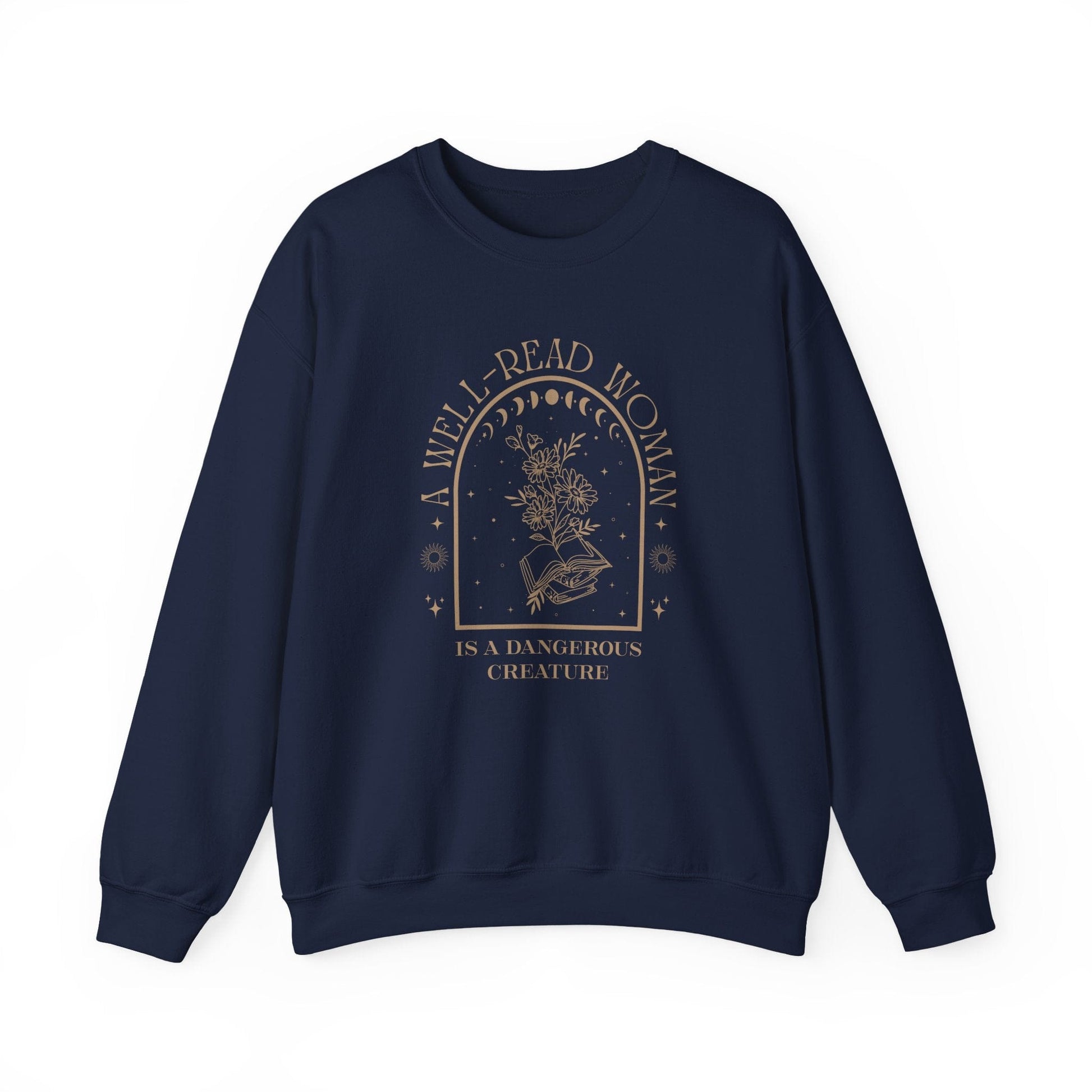 Navy blue sweatshirt with 'A Well-Read Woman is a Dangerous Creature' text on a white background
