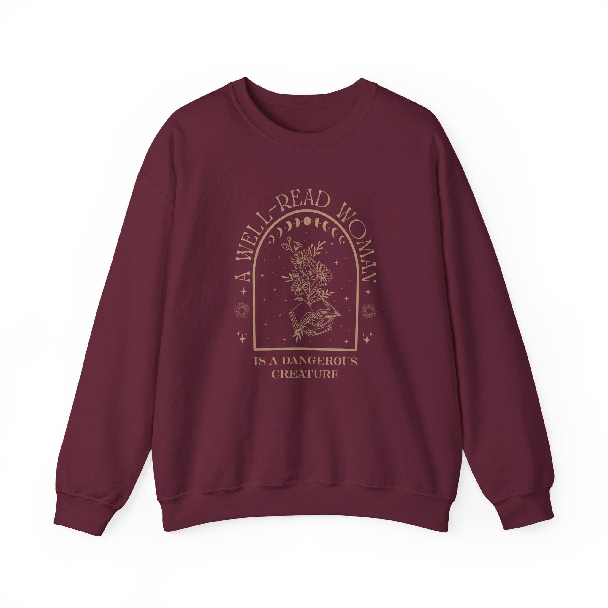 Maroon sweatshirt with 'A Well-Read Woman is a Dangerous Creature' text and graphic on a white background