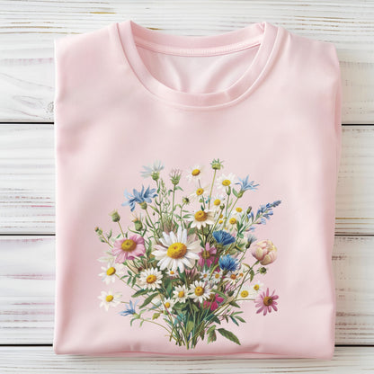 Pink long sleeve t-shirt with a floral design on a wooden surface