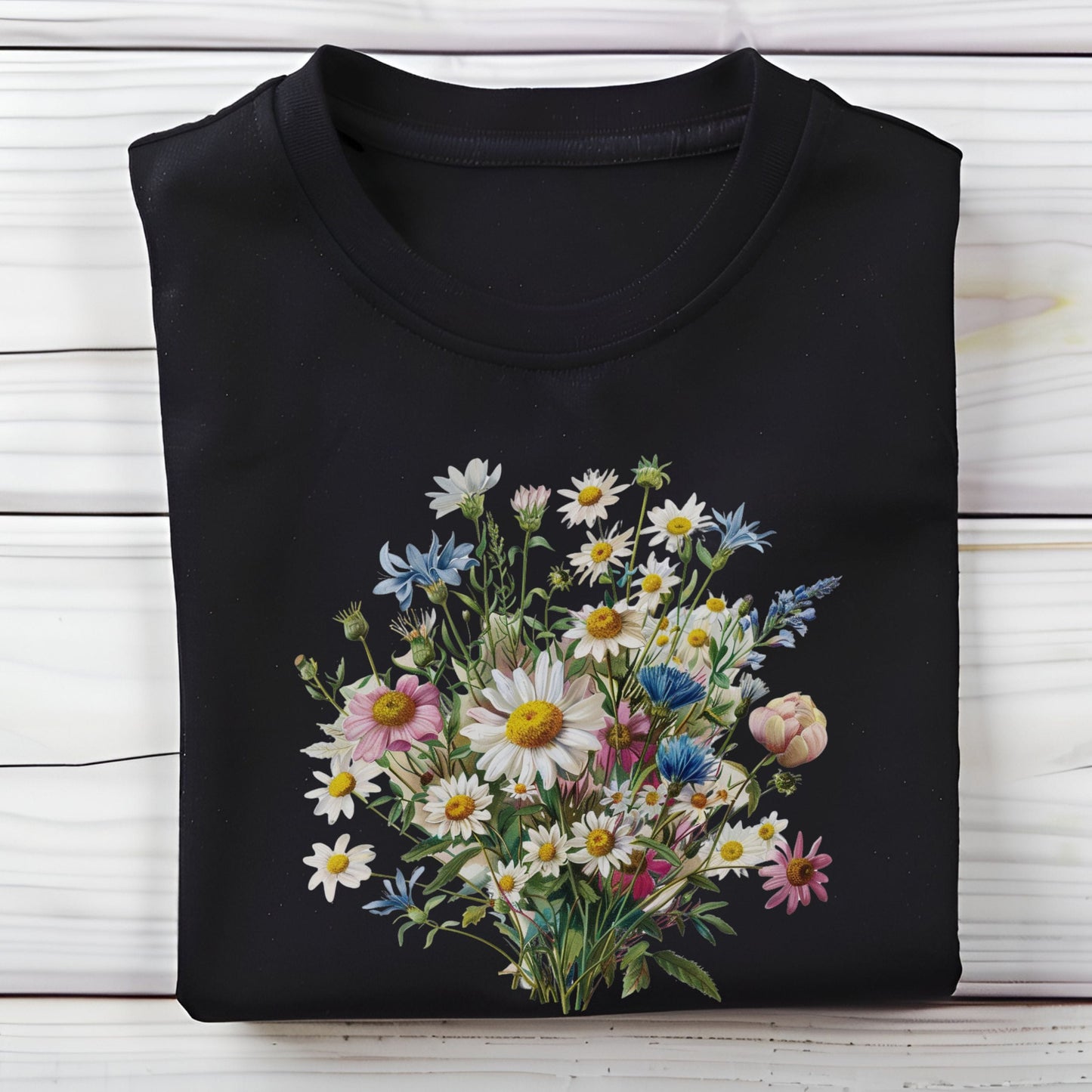 Black long sleeve t-shirt with a floral design on a wooden surface