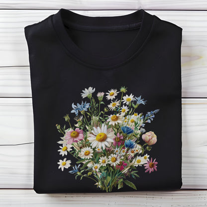 Black long sleeve t-shirt with a floral design on a wooden surface