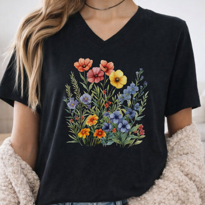 A woman wearing a black V-neck t-shirt with a colorful watercolor-style wildflower graphic on the front, paired with a beige fuzzy cardigan.