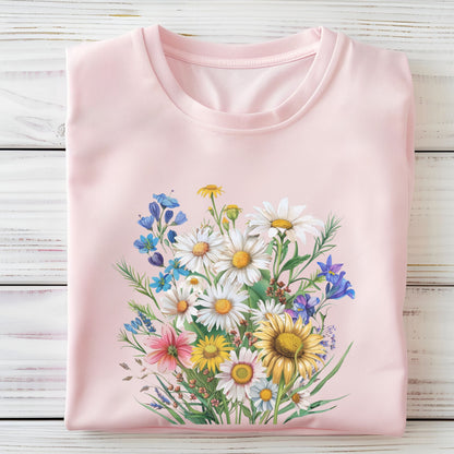 Pink long sleeve t-shirt with a colorful floral design on a wooden surface