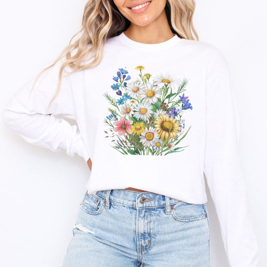 Person wearing a white long sleeve t-shirt with a floral design on a plain background