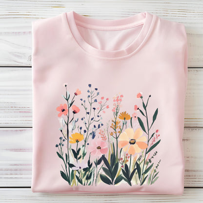 Pink t-shirt with floral design on a wooden surface