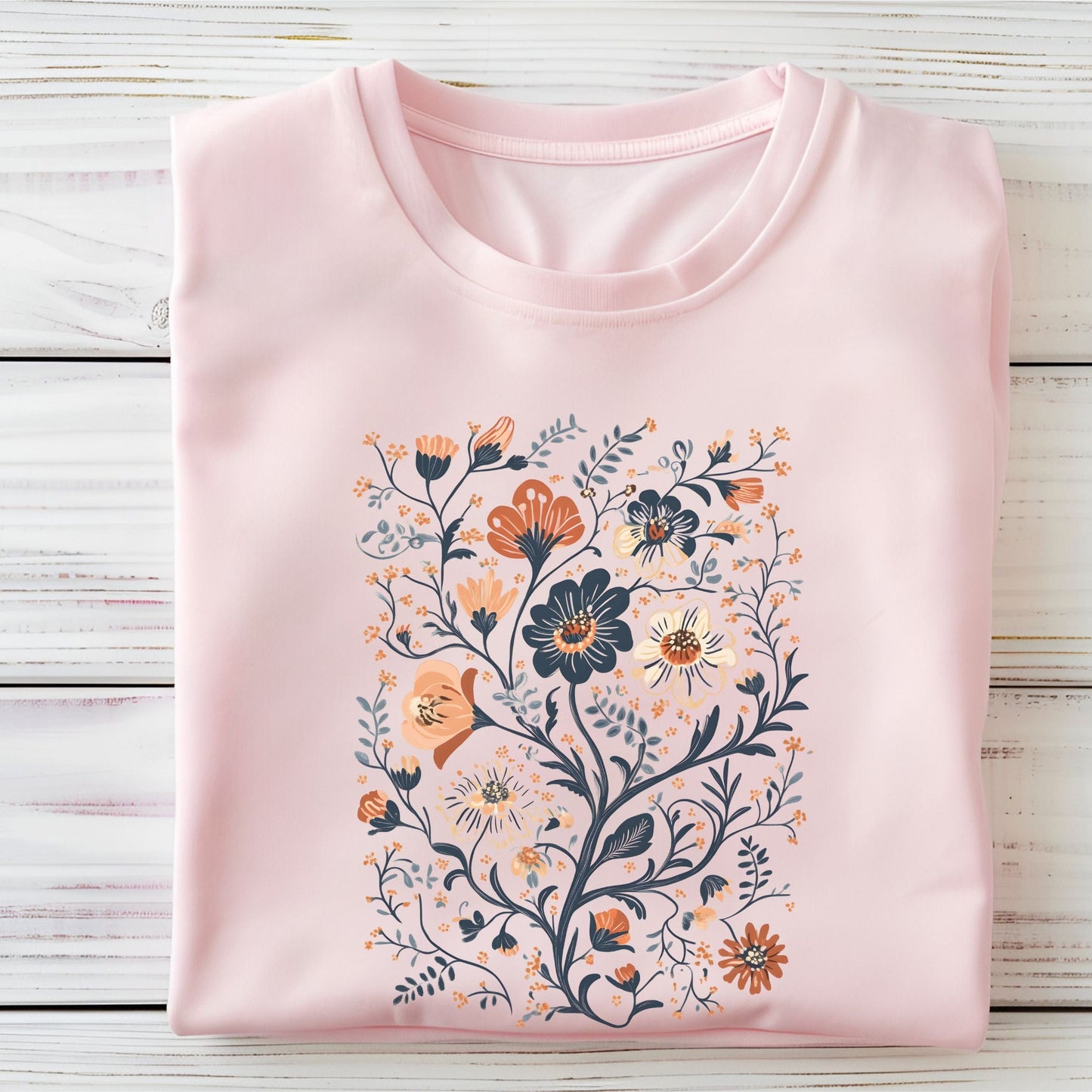 Pink t-shirt with floral design on a wooden surface