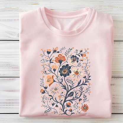 Pink t-shirt with floral design on a wooden surface