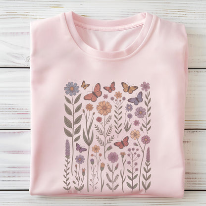Pink long sleeve t-shirt with floral and butterfly design on a wooden surface