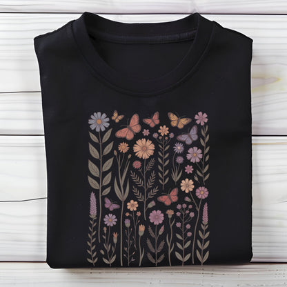 Black long sleeve t-shirt with floral and butterfly design on a wooden surface
