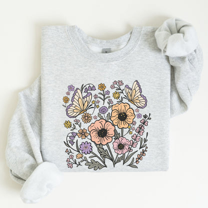 Gray sweatshirt with floral and butterfly design on a white background