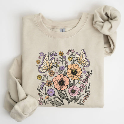 Beige sweatshirt with butterfly and floral design on a white background