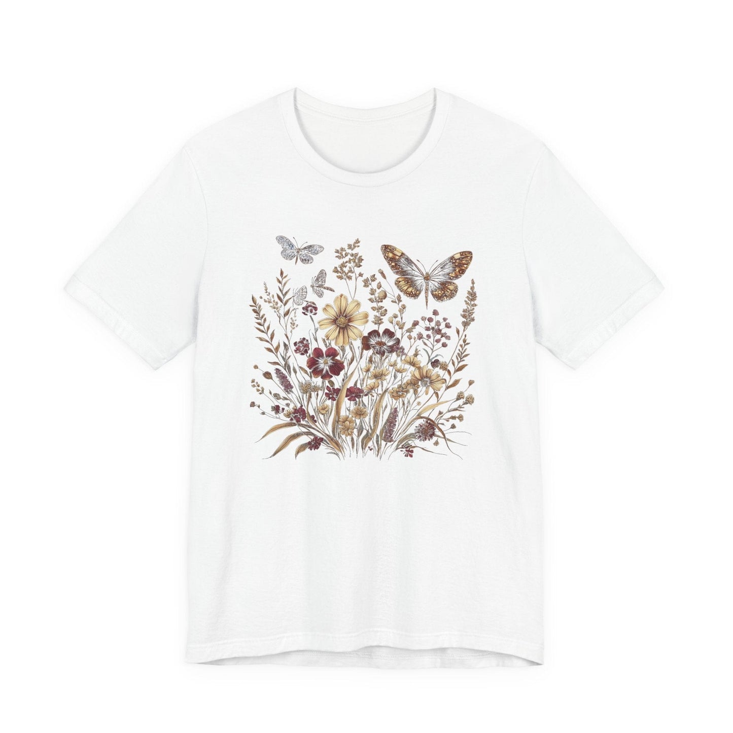 White t-shirt with floral and butterfly design on a white background
