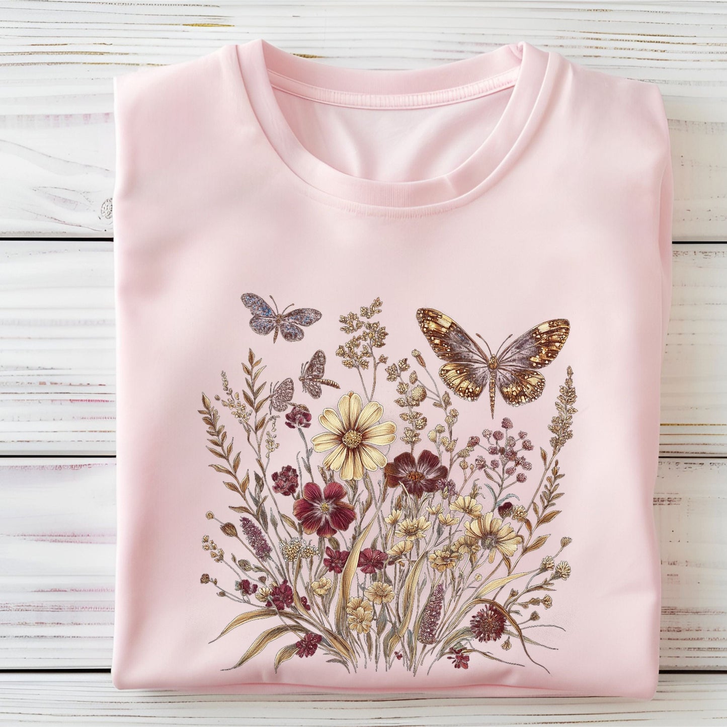 Soft pink t-shirt with butterfly and floral design on a textured surface