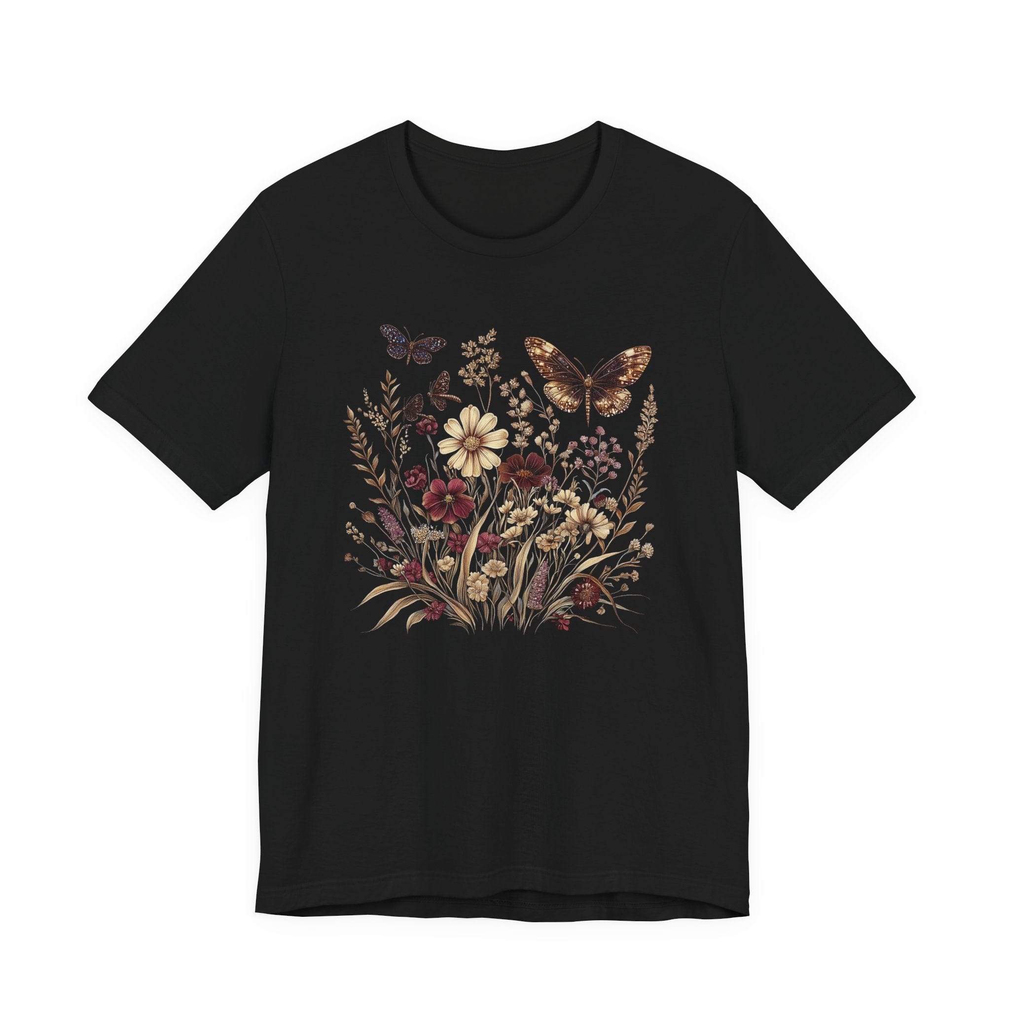 Black t-shirt with floral and butterfly design on a white background