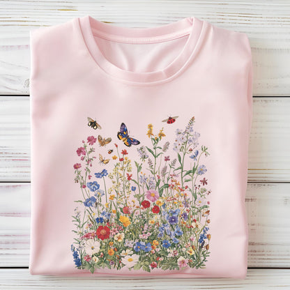 Flat lay of soft pink t-shirt featuring colorful wildflower meadow with butterflies