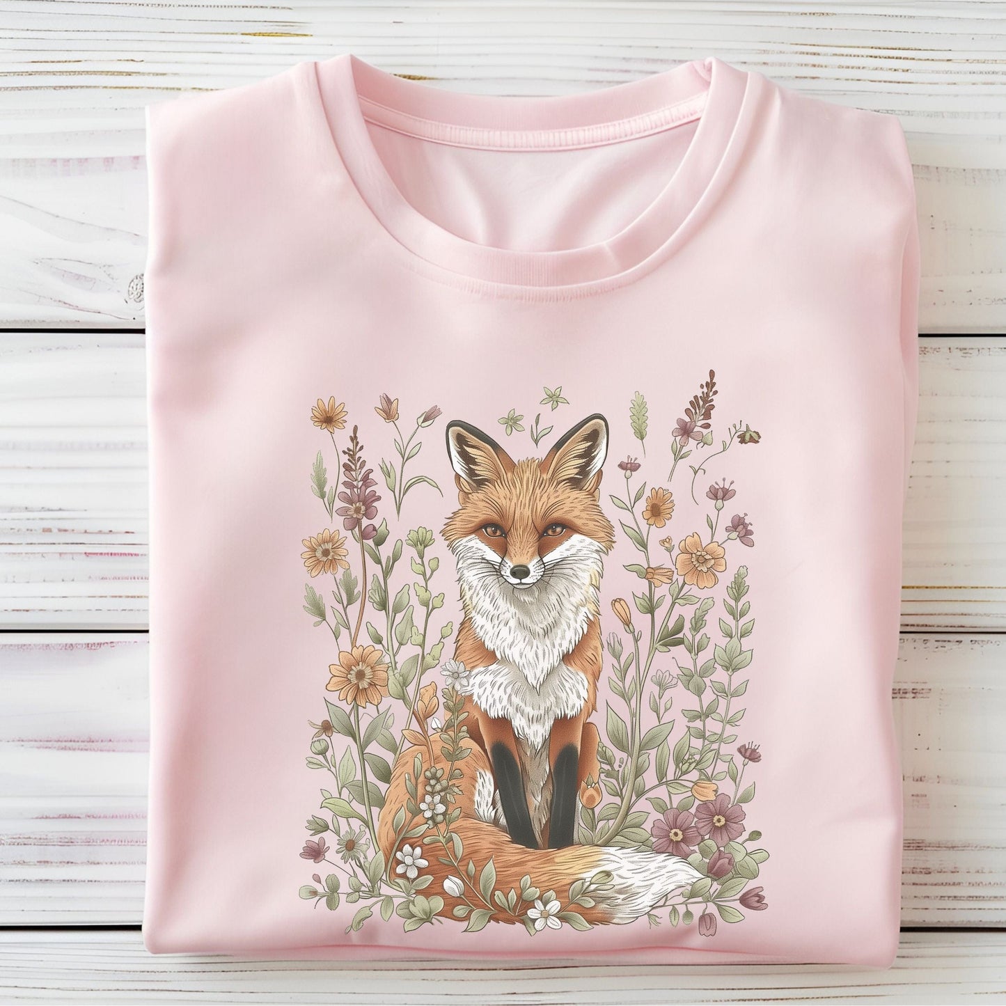 Flat lay of soft pink t-shirt featuring woodland fox surrounded by flowers