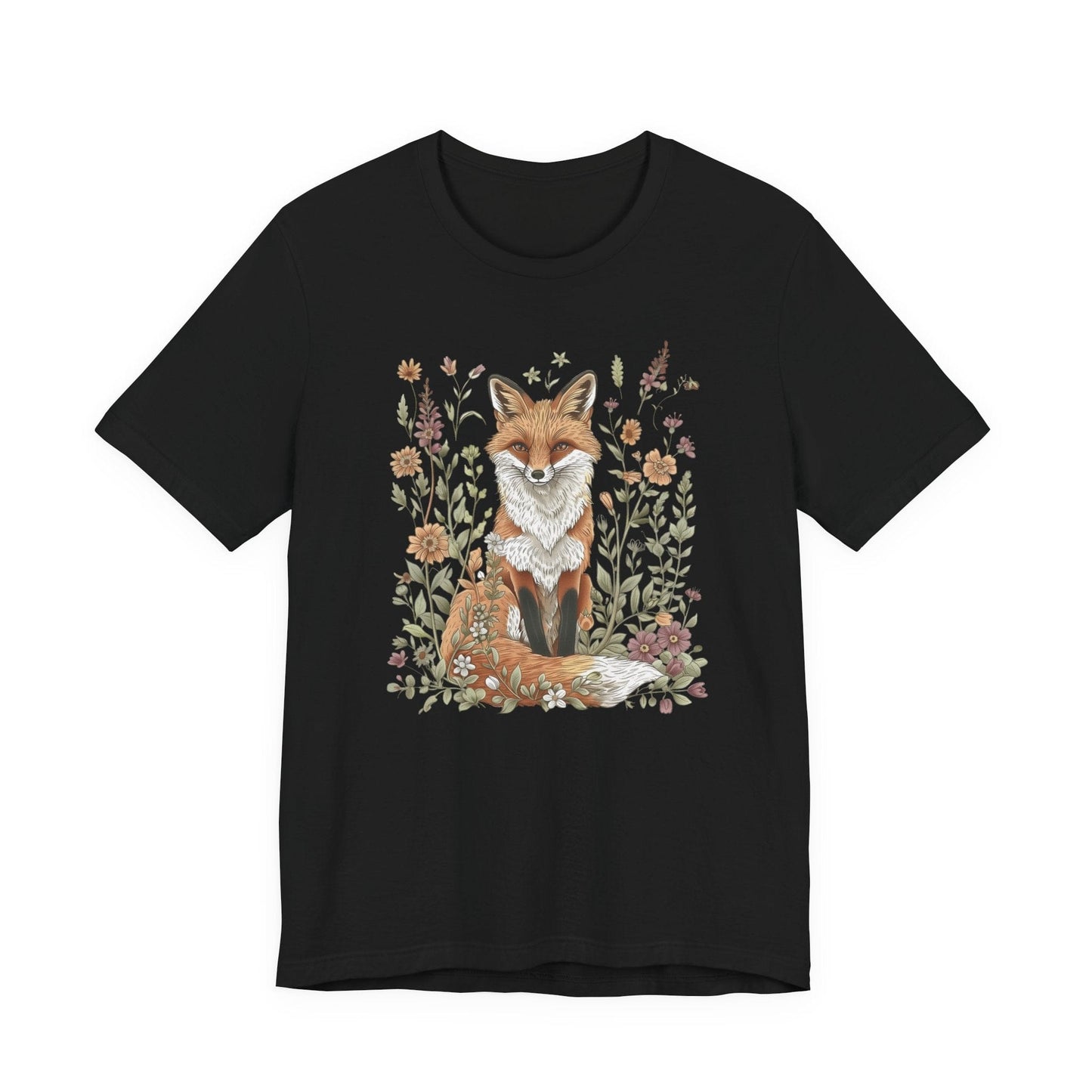 Flat lay of black t-shirt featuring woodland fox surrounded by flowers