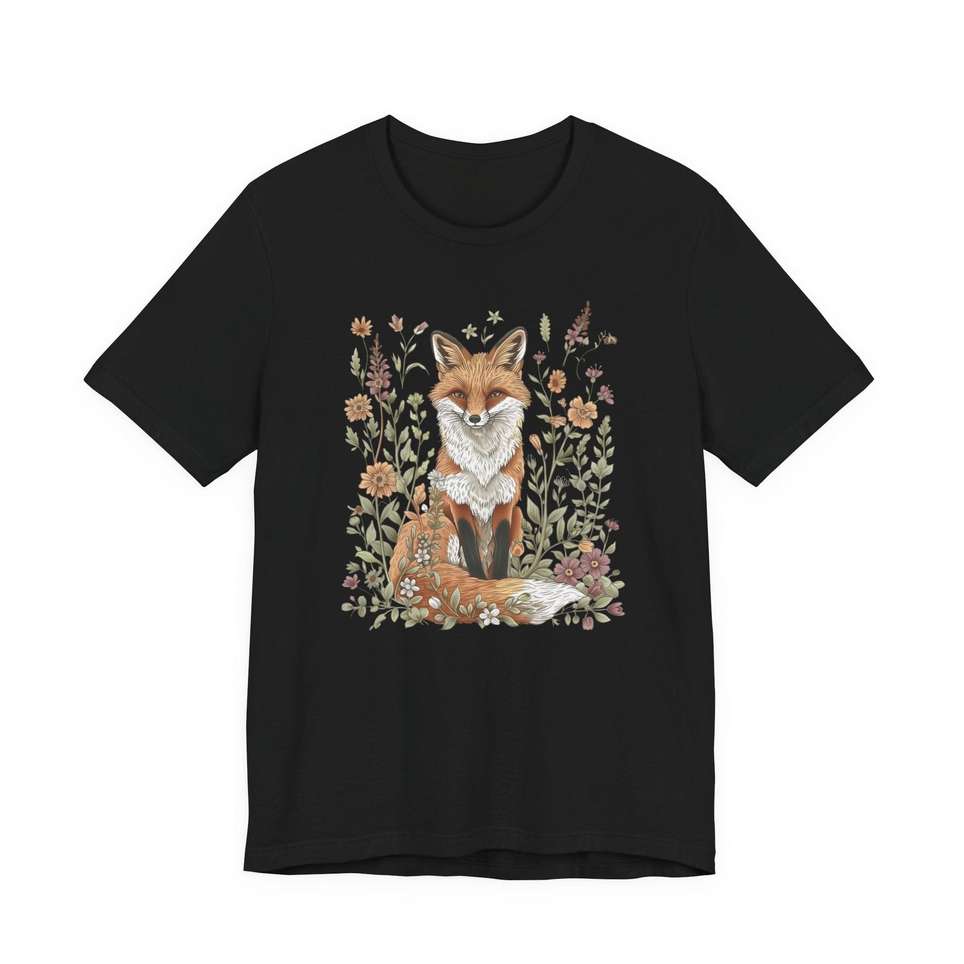 Flat lay of black t-shirt featuring woodland fox surrounded by flowers