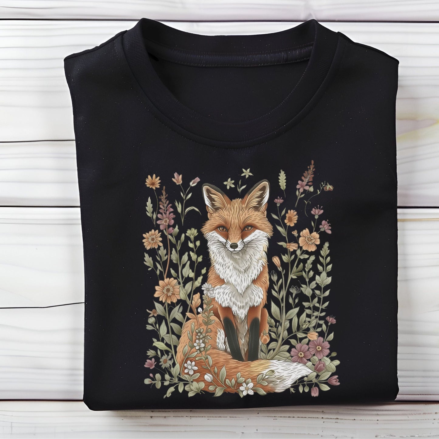 Flat lay of black t-shirt featuring woodland fox surrounded by flowers
