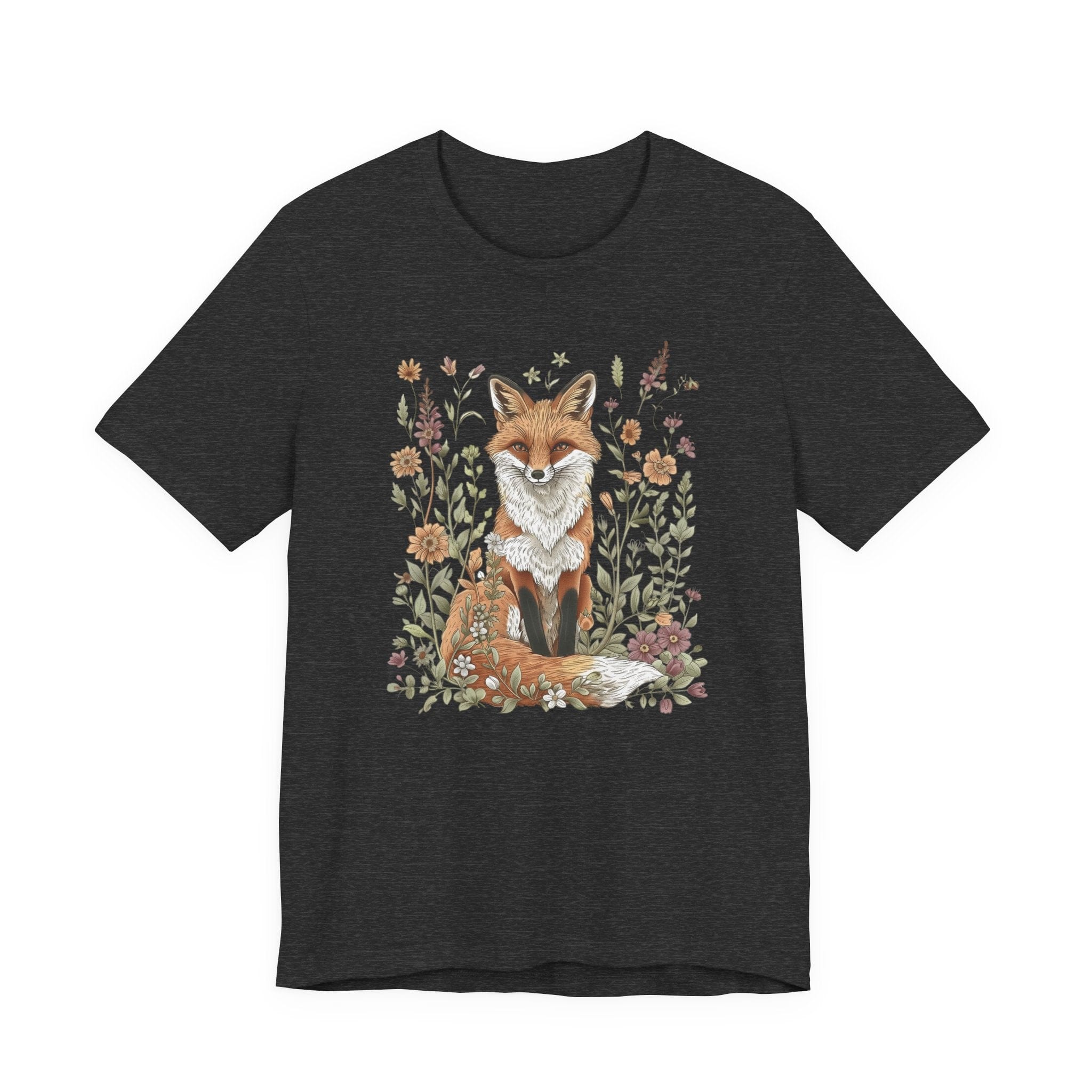 Flat lay of dark heather grey t-shirt featuring woodland fox surrounded by flowers